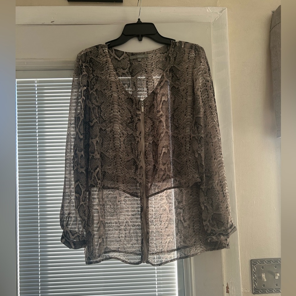 Sheer snake print blouse with zipper and layered design